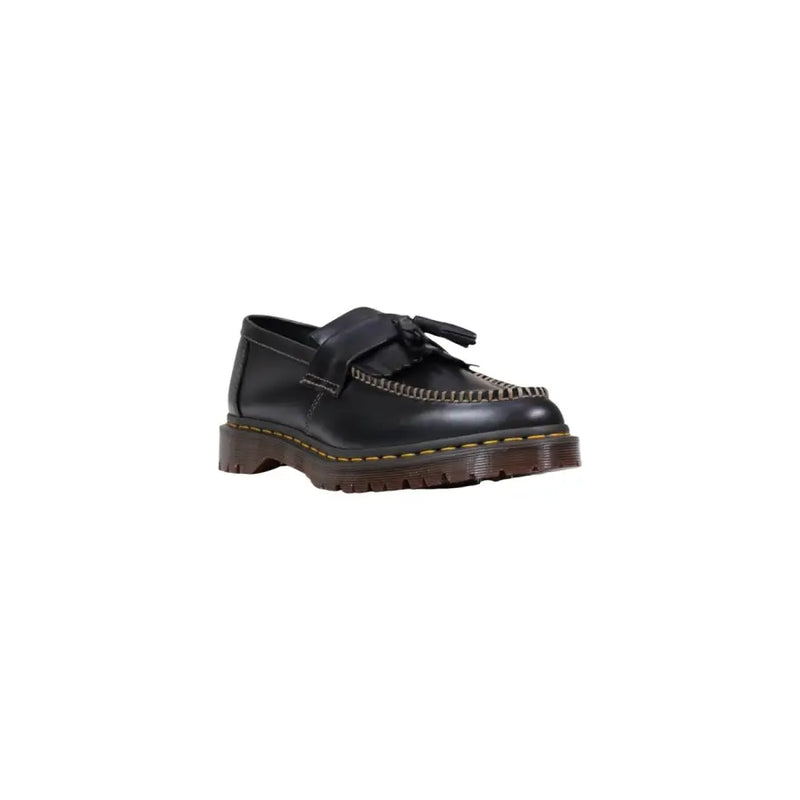Dr. Martens Herren-Ledermokassin, schwarz, zum Hineinschlüpfen, mit Quasten, gelben Ziernähten und dicker brauner Sohle