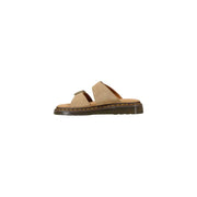 Dr. Martens Herren-Lederpantoffeln, beigefarbene Wildleder-Sandalen mit dunkelbrauner Gummisohle und gelben Ziernähten