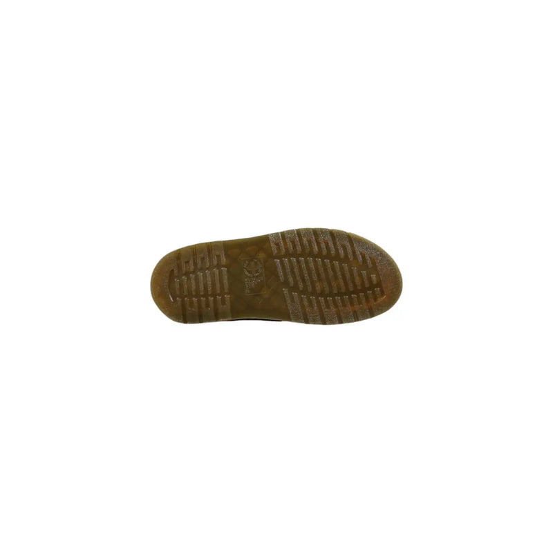 Brown rubber sole with textured tread pattern of dr martens men leather beige round open toe slippers