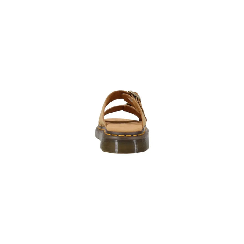 Dr Martens men leather slippers in beige with tan slide design, brown buckle, and dark green rubber sole