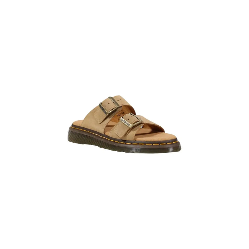 Dr Martens men leather slippers beige tan suede two-strap slide sandal with metallic buckles and black rubber sole