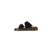 Dr. Martens Herren-Lederpantoffeln, schwarz, mit Schnalle, offener Zehenpartie, aus schwarzem Wildleder mit zwei Riemen, hellbrauner Innensohle und gelben Ziernähten
