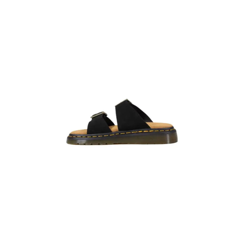 Dr. Martens Herren-Lederpantoffeln, schwarz, mit Schnalle, offener Zehenpartie, aus schwarzem Wildleder mit zwei Riemen, hellbrauner Innensohle und gelben Ziernähten
