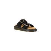 Schwarze Dr. Martens Herren-Slipper aus Leder mit Schnalle und offener Zehenpartie, von der Rückseite gesehen