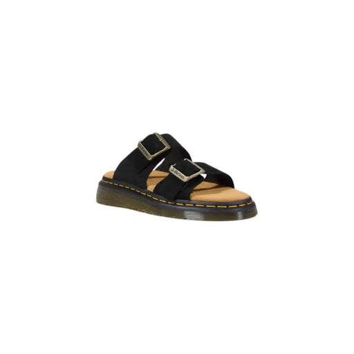 Schwarze Dr. Martens Herren-Slipper aus Leder mit Schnalle und offener Zehenpartie, von der Rückseite gesehen