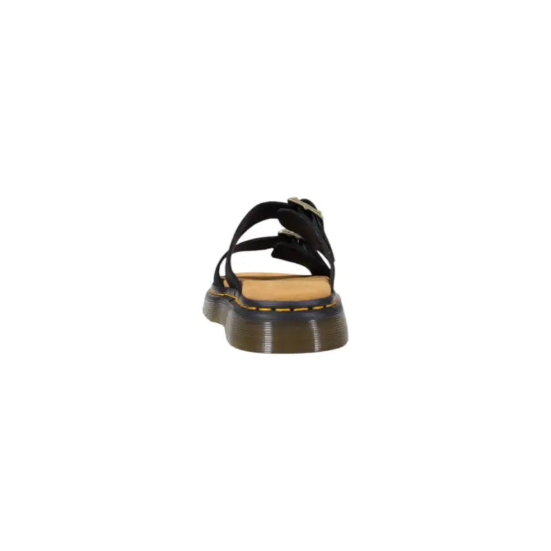 Dr. Martens Herren-Lederpantoffeln, schwarz, mit Schnalle, offener Zehenpartie, schwarzem Leder-Obermaterial und dicker brauner Sohle mit gelben Ziernähten