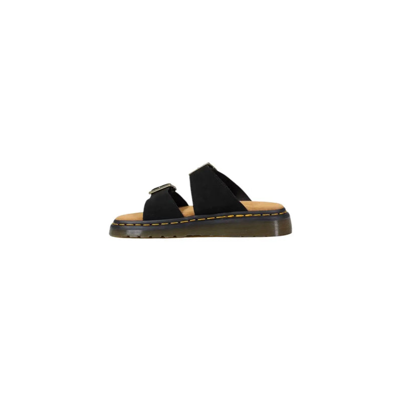 Dr Martens men leather slippers black buckle open toe featuring black suede two-strap slides with tan insole and yellow stitching