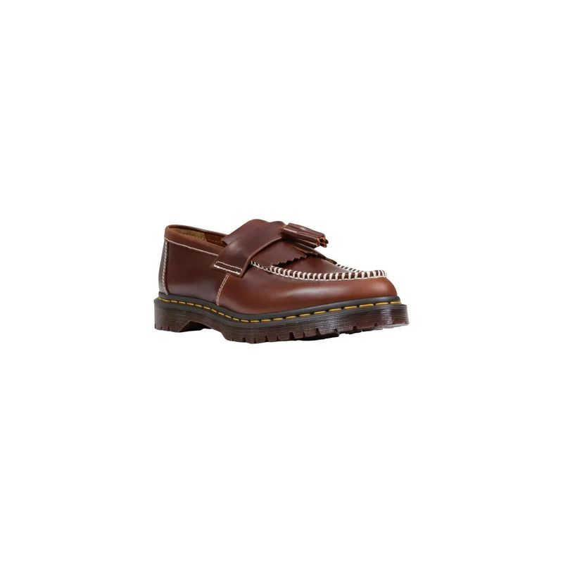 Dr Martens men moccassin brown leather tassel loafer with white stitching and chunky rubber sole spring summer shoes