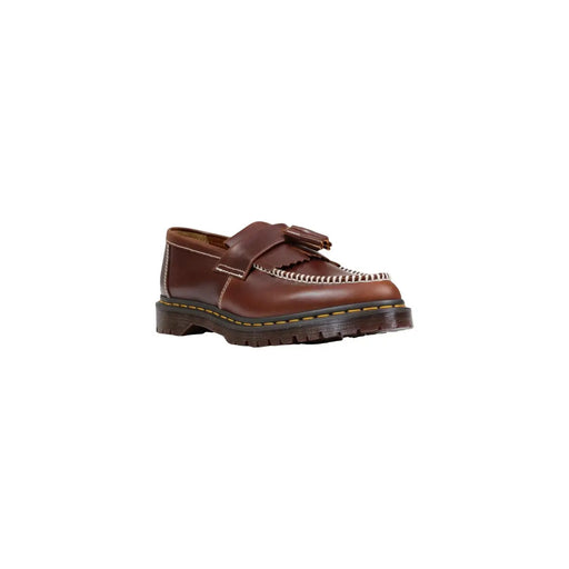 Dr Martens men moccassin brown leather tassel loafer with white stitching and chunky rubber sole spring summer shoes