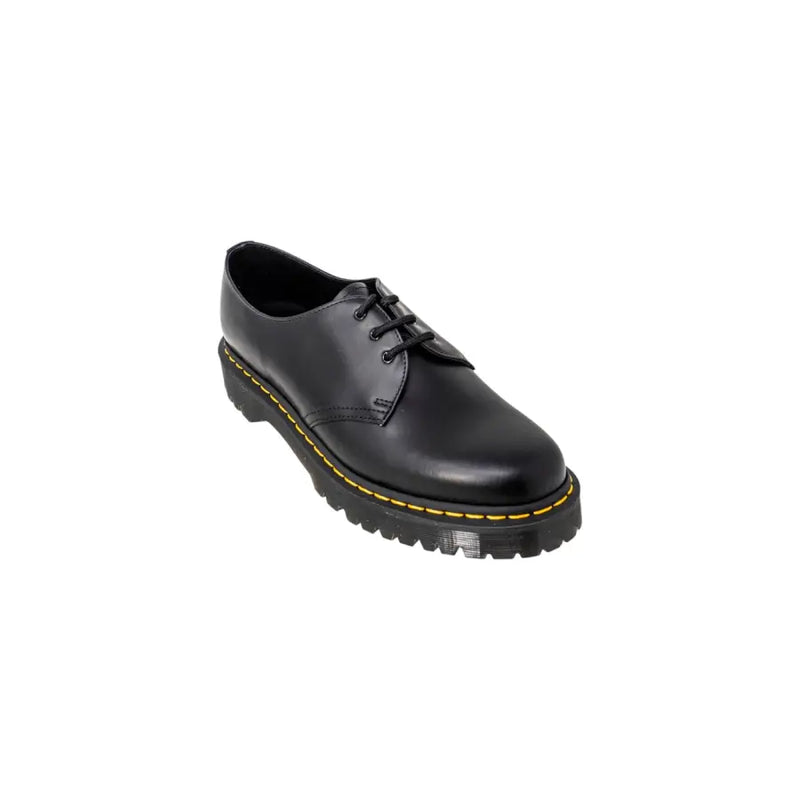Dr Martens men’s black leather lace-up shoes showing the back side of the footwear