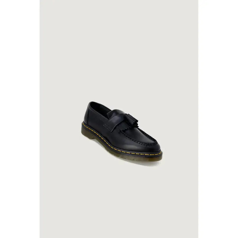 Dr Martens mens slip on black leather tassel loafer with yellow stitching and rubber sole for fall winter