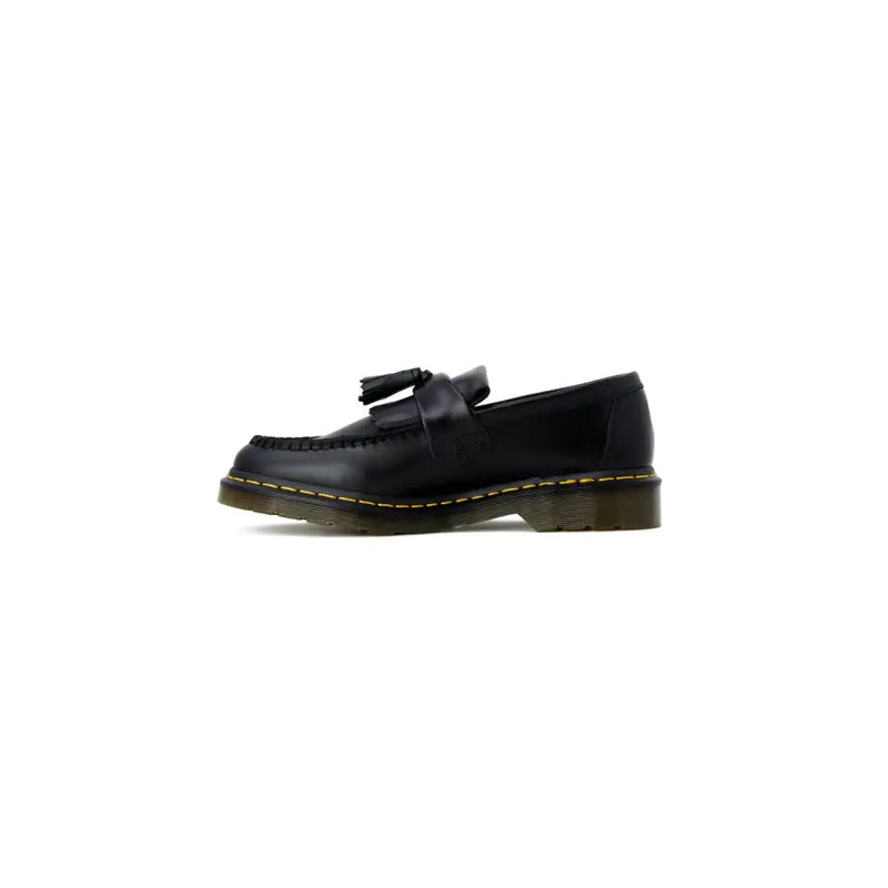 Black leather tassel loafer with yellow stitching and rubber sole from dr martens mens slip on shoes collection