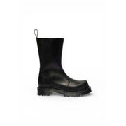 Back view of dr martens women black leather ankle combat boot with chunky rubber sole and pull tab