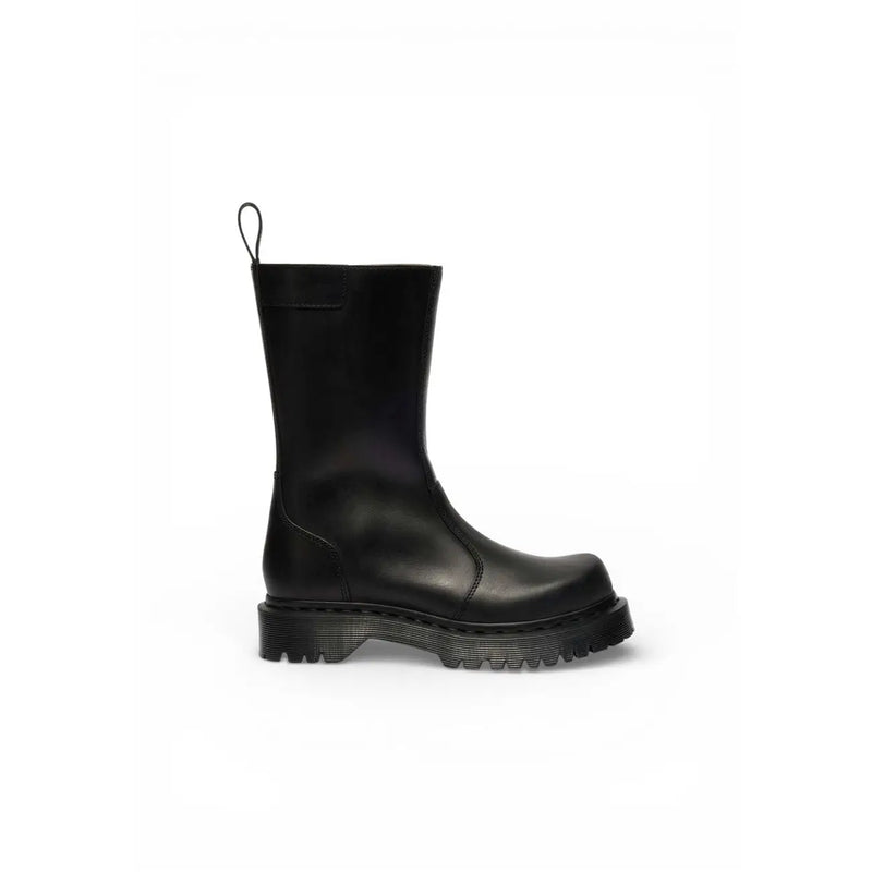 Back view of dr martens women black leather ankle combat boot with chunky rubber sole and pull tab