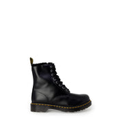 Dr Martens women black leather boots showing the back side designed for fall and winter use