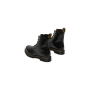 Dr Martens women black patent leather boots showing the back side designed for fall and winter use