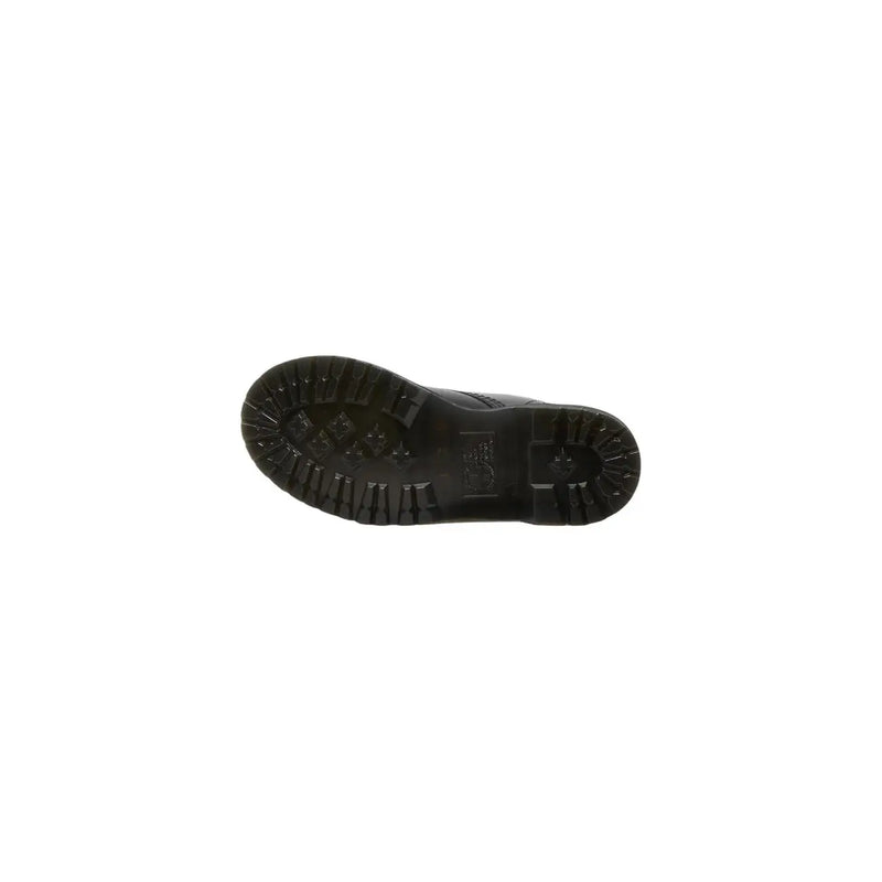 Black rubber sole with deep tread pattern and embossed logo shown on dr martens women black leather boots fall winter