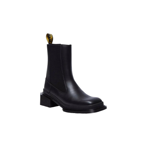 Rückansicht von Dr. Martens Damen-Chelsea-Boots aus schwarzem Leder mit Blockabsatz und goldener Zuglasche