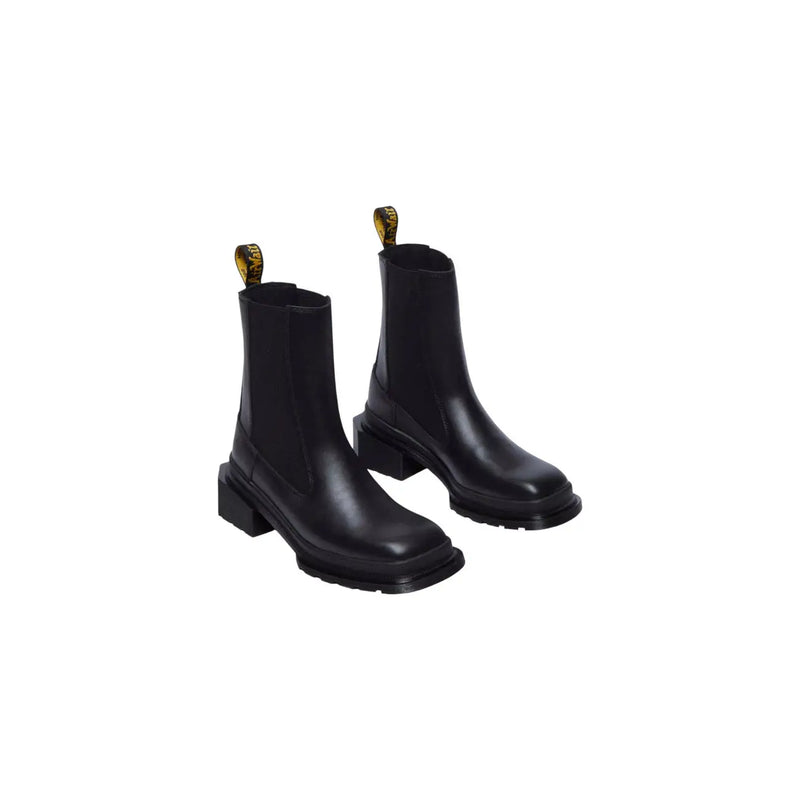 Dr Martens women black leather Chelsea boots with chunky block heel and gold-tone pull tabs