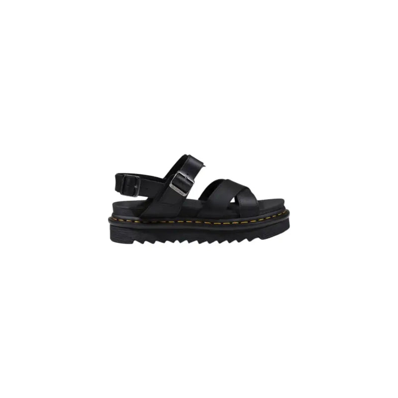 Dr. Martens Schwarze Damen-Ledersandalen mit klobiger Plateausohle und silberner Schnalle