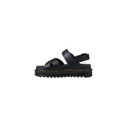 Dr Martens women black leather platform sandal with chunky sole yellow stitching and buckle closure