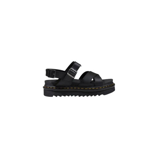 Dr martens women black leather sandals with a thick textured platform sole and silver toned buckle straps