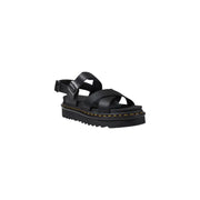 Dr Martens women black leather platform sandal with chunky sole yellow stitching and buckle closure