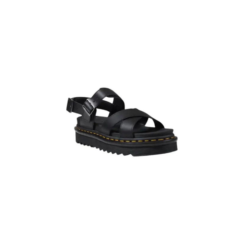 Dr Martens women black leather platform sandal with chunky sole yellow stitching and buckle closure