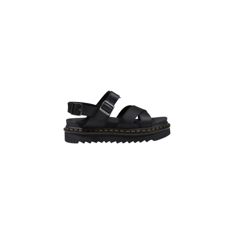 Dr martens women black leather sandals with a thick textured platform sole and silver toned buckle straps