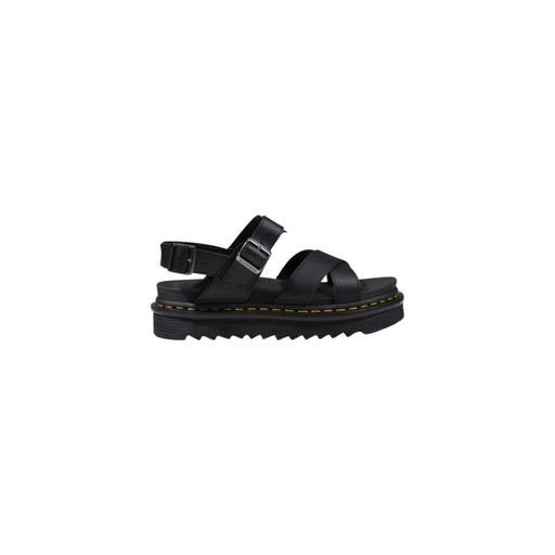Dr martens women black leather sandals with a thick textured platform sole and silver toned buckle straps