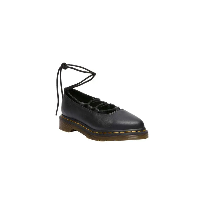 Dr Martens women black leather mary jane shoe with lace-up design brown rubber sole and yellow stitching