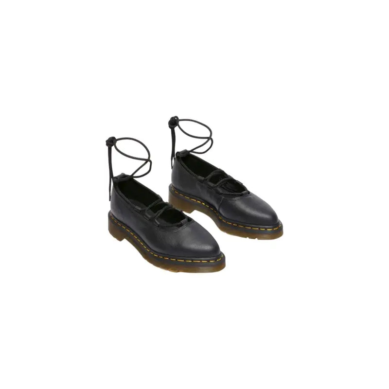 Dr Martens women black leather slip on mary jane shoes with lace up ankle straps and yellow stitched sole