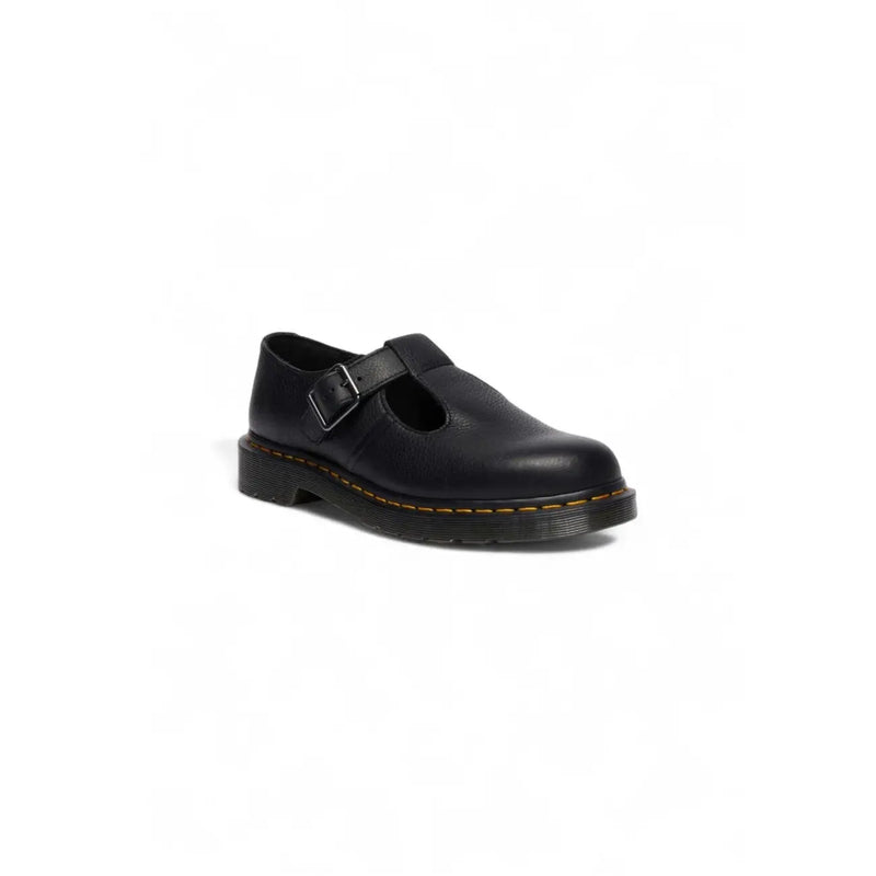 Black leather slip on shoes for women by dr martens shown from the back side highlighting their sleek design