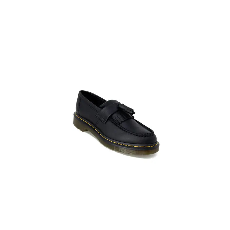 Dr. Martens womens black leather tassel loafer with yellow stitching and rubber sole