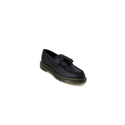 Dr. Martens womens black leather tassel loafer with yellow stitching and rubber sole