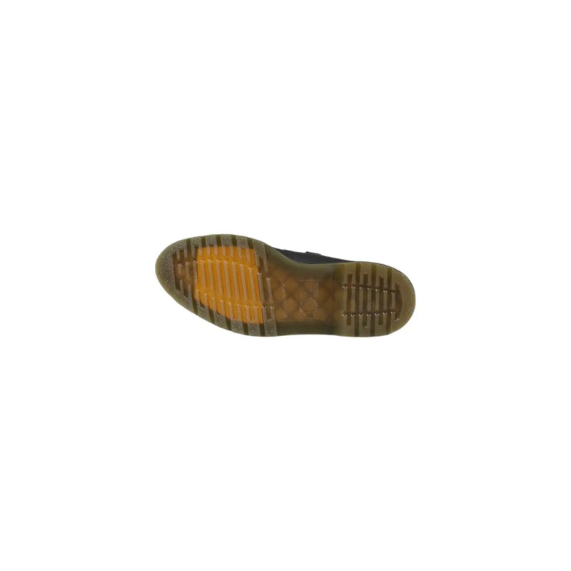 Black leather slip on shoes for women by dr martens featuring a buckle detail shown from the back side
