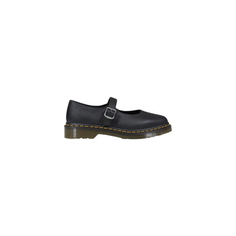 Dr Martens women black leather mary jane shoe with silver buckle and yellow stitching on the sole