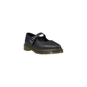 Dr Martens women black leather mary jane shoe with silver buckle and yellow stitching along the sole