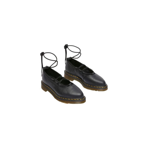 Dr Martens women black leather slip on mary jane shoes with lace up ankle straps and yellow stitched sole