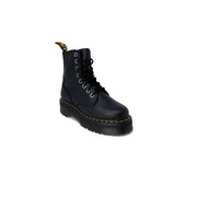 Dr martens women black leather boots with black laces shown from the back in size 4