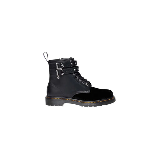 Schwarze Dr. Martens Damenstiefel aus Leder und Samt mit Reißverschluss, von der Rückseite gesehen