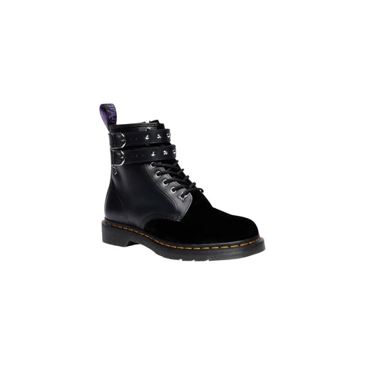 Schwarze Dr. Martens Damenstiefel aus Leder und Samt mit Reißverschluss, von hinten gezeigt, wobei die Designdetails hervorgehoben werden.