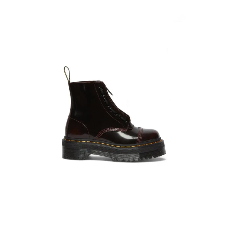 Dark burgundy patent leather dr martens women bordeaux leather platform boots shown from the back side