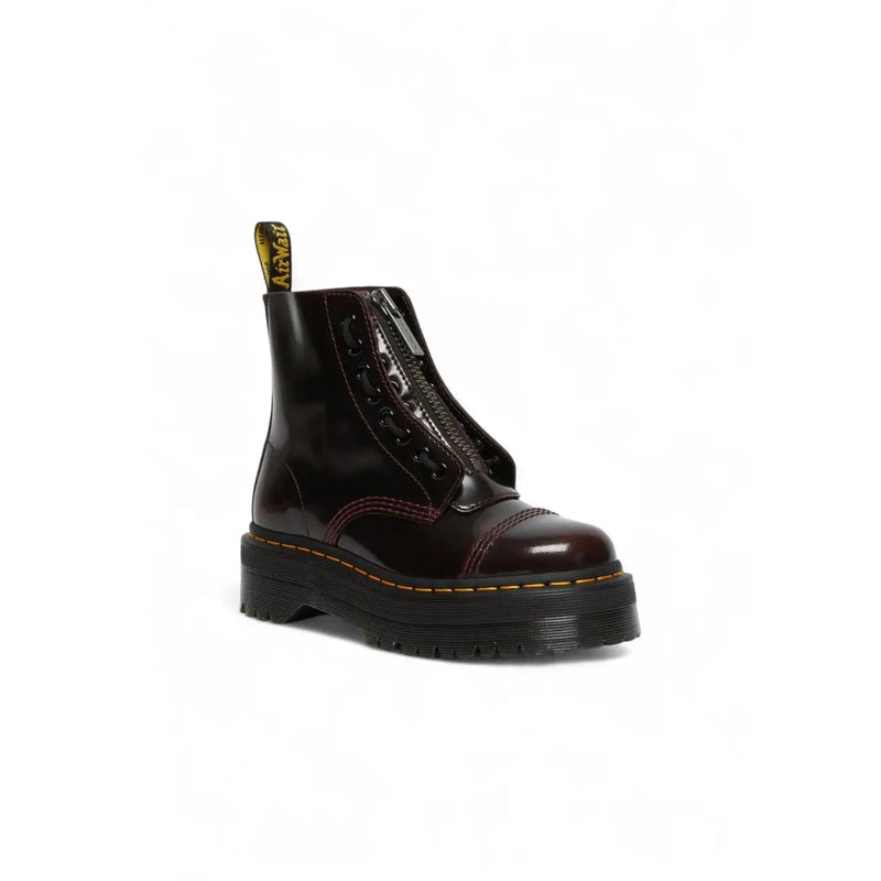 Dark brown patent leather dr martens women bordeaux leather platform boots shown from the back side