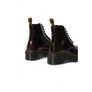 Dark burgundy patent leather Dr Martens women Bordeaux leather platform boots showing the backside view