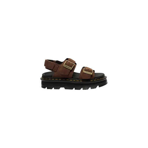 Dr. Martens Damen-Sandalen aus braunem Leder mit zwei verstellbaren Riemen, goldfarbenen Schnallen und dicker schwarzer Gummisohle