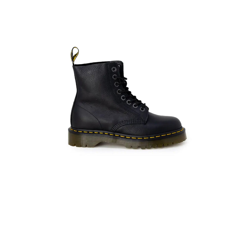 Black leather dr martens women ankle boots shown from the back highlighting durable material and design