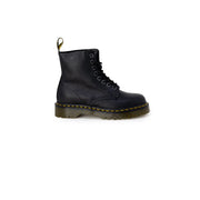 Black leather ankle boots for women by dr martens shown from the back side displaying sturdy sole and pull tab