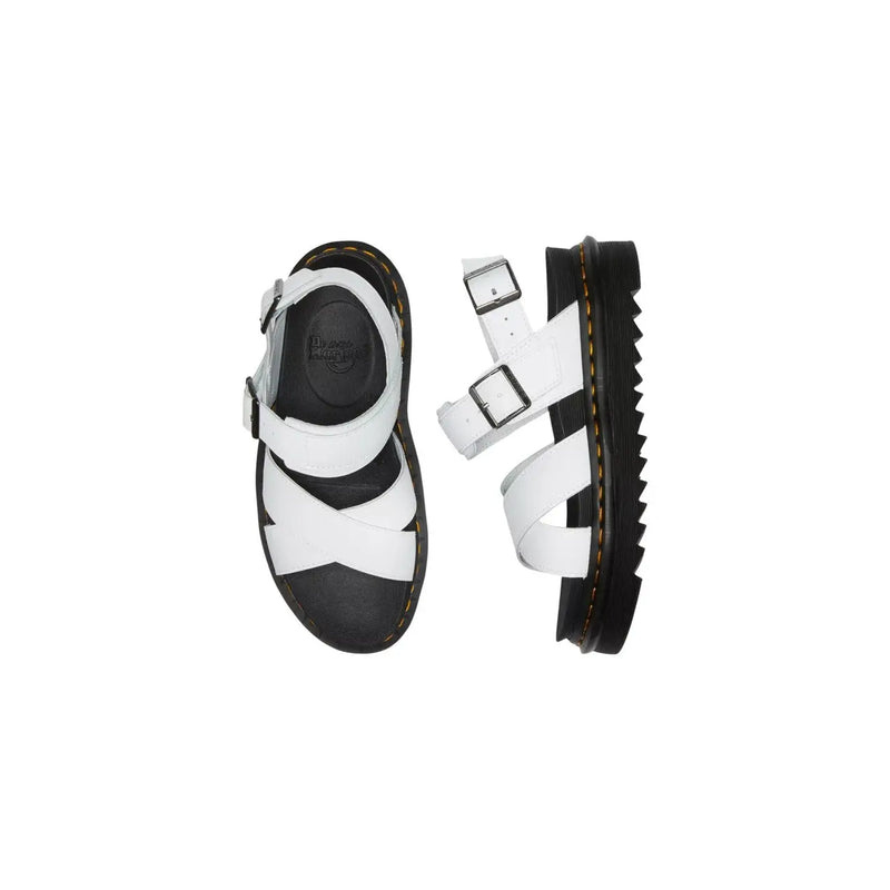 Dr martens women white leather Voss II sandals with black rubber soles and yellow stitching in classic design