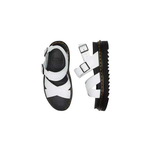 Dr. Martens Damen-Sandalen Voss II aus weißem Leder mit schwarzen Gummisohlen und gelben Ziernähten im klassischen Design